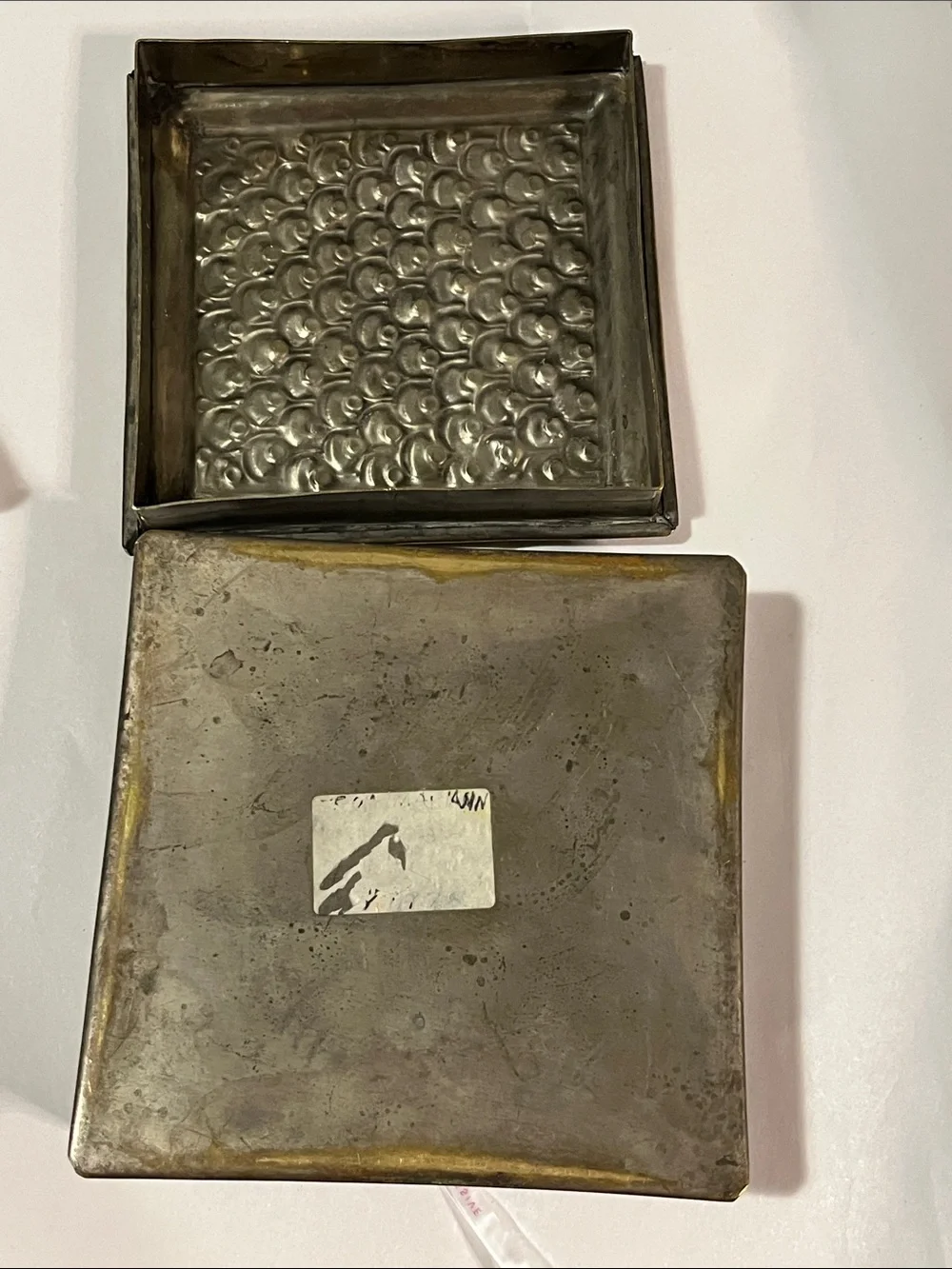 Antique Gold and Tan Embossed Metal Vanity Slide Box